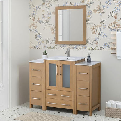 HOMEBEYOND 48 Inch Modern Bathroom Vanity with Sink & Mirror, Single Vanity Cabinet with Basin and Mirror, Dove-Tailed Drawers, Soft-Closing Doors, Wood, Natural Oak