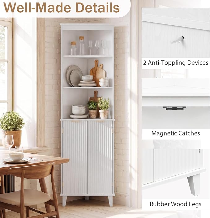 Giantex 68" Tall Corner Cabinet with Fluted Doors (White) | Modern Bathroom Floor Storage Cabinet, 6-Tier Space Saver Display Shelves for Kitchen, Living Room, Hallway, Laundry