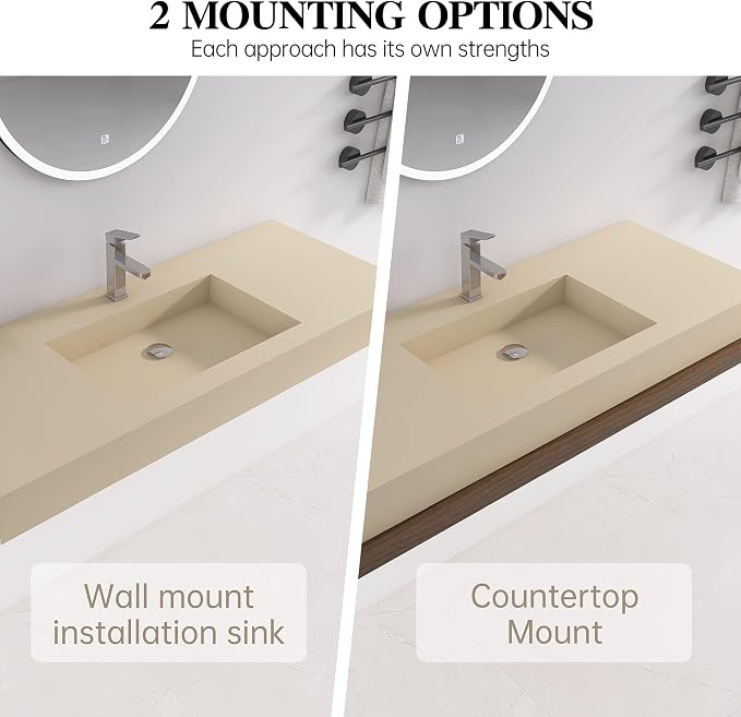 47"X19" Bathroom Sink with Single Faucet Hole, Stone Resin Wall-Mount or Countertop Vessel Sink, Rectangle Solid Surface Floating Sink with Mounting Screws, Latte Color