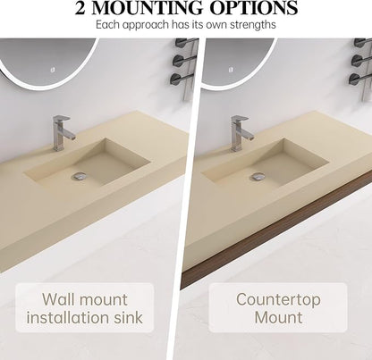47"X19" Bathroom Sink with Single Faucet Hole, Stone Resin Wall-Mount or Countertop Vessel Sink, Rectangle Solid Surface Floating Sink with Mounting Screws, Latte Color