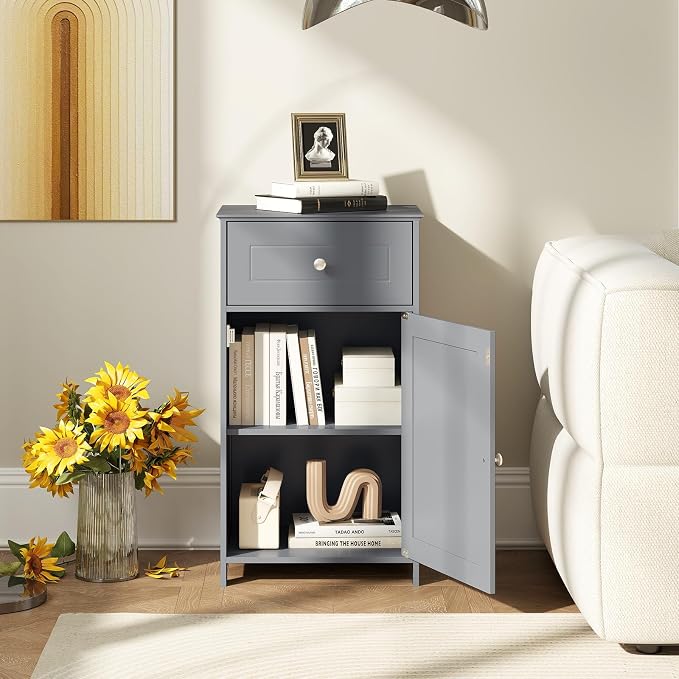 Giantex Floor Bathroom Storage Cabinet with Adjustable Shelf (Grey) | Freestanding Cabinet with Drawer, Door, Anti-Tipping Device, Storage Organizer for Sofa Side, Bathroom, Living Room