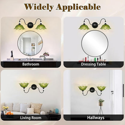 Black Bathroom Vanity Light, 2-Light Vanity Light with Floral Green Glass Shades,Vintage Farmhouse Wall Mount Lighting for Bathroom, Dressing Table