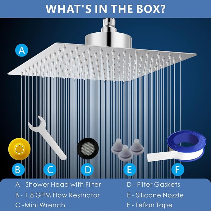 Voolan Rain Shower Head with Filtered - High Flow Large Rainfall Shower Heads Made of Stainless Steel - Waterfall Showerhead Filter For Hard Water (12" Chrome)