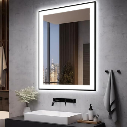 EchosLife 28x36 LED Bathroom Mirror for Wall - Black Aluminum Framed | Black Frame, Front and Backlit, Anti-Fog, Stepless Dimmable, 3 Colors, Memory, Tempered Glass, UL Listed, Horizontal/Vertical