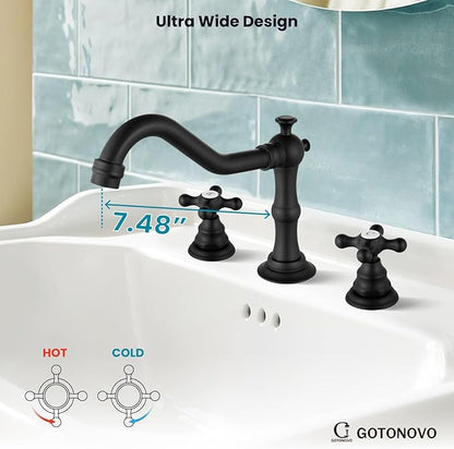 gotonovo Bathroom Faucet 3 Hole 8 Inch Widespread Bathroom Sink Faucet 2 Cross Handles Vintage Lavatory Vanity Mixer Tap with Pop Up Drain, H C Label, Matte Black