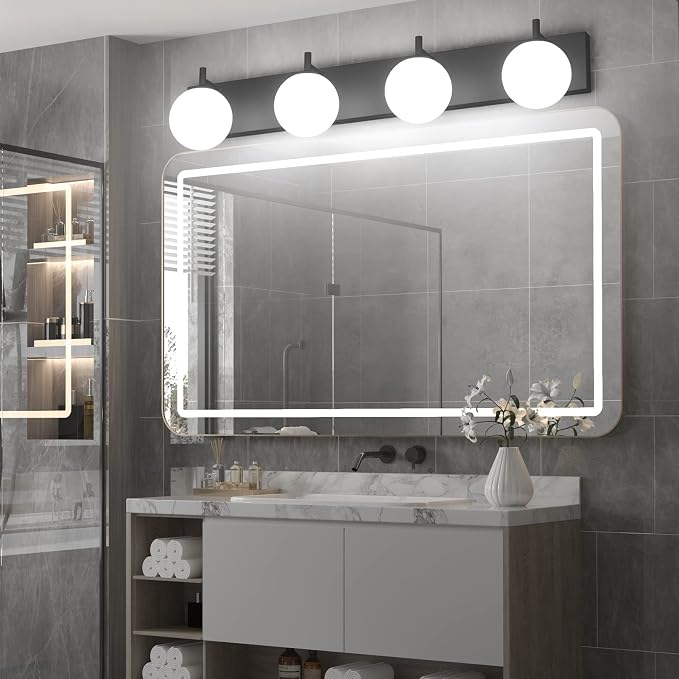 Aipsun Bathroom Light Fixtures, 4 Lights Matte Black Vanity Light, Modern Wall Sconces Lighting, Modern Bath Wall Mounted Lights with Milky Glass Globe(Exclude Bulb)