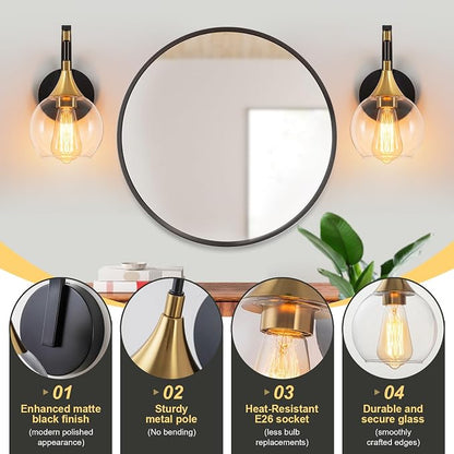 Modern Wall Sconce, 1-Light Black and Gold Bathroom Vanity Lights | with Clear Glass Shade, Globe Wall Mounted Light Fixture for Bathroom,Living Room, Hallway, Bedroom