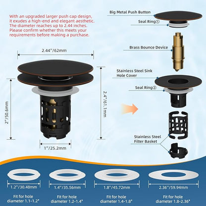 Hibbent Upgraded 3 in 1 Bathroom Sink Drain Strainer, Pop Up Sink Stopper with Big Push Cap, Anti-Clogging Metal Filter Basket,Sink Plug with Hair Catcher for 1.1''~2.36'' Basin, Oil-Rubbed Bronze