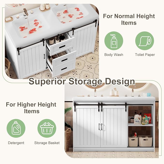 48" White Farmhouse Bathroom Vanity Double Sink, Freestanding Storage Vanity with 2 Barn Sliding Doors, 2 Drawers & 4 Shelves (Actual 47.3" L x 19.7" W x 35.5" H)