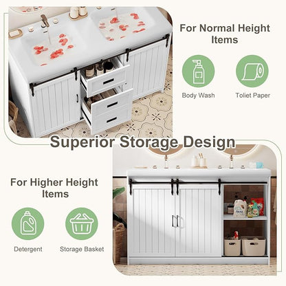 48" White Farmhouse Bathroom Vanity Double Sink, Freestanding Storage Vanity with 2 Barn Sliding Doors, 2 Drawers & 4 Shelves (Actual 47.3" L x 19.7" W x 35.5" H)