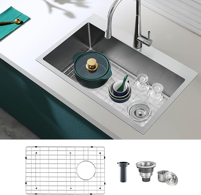 Brushed Topmount Kitchen Sink - 25”×18” Single Bowl Sink, Sink Grid | 9 Inch Deep Handmade Bar Sink with Strainer, Stainless Steel 304, Right Side Drain, X-Groove Drainage, Sound-Dampening Pad