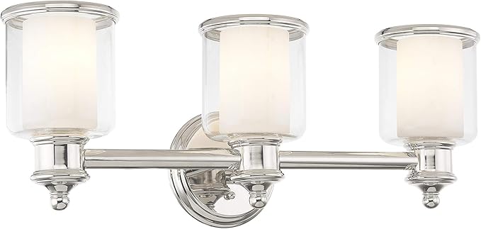 Livex Lighting 40213-35 Middlebush Collection 3-Light Bathroom Vanity Light with Double Shaded Hand Crafted Glass Shades, Polished Nickel, 23.5 x 6.5 x 9