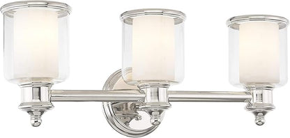 Livex Lighting 40213-35 Middlebush Collection 3-Light Bathroom Vanity Light with Double Shaded Hand Crafted Glass Shades, Polished Nickel, 23.5 x 6.5 x 9