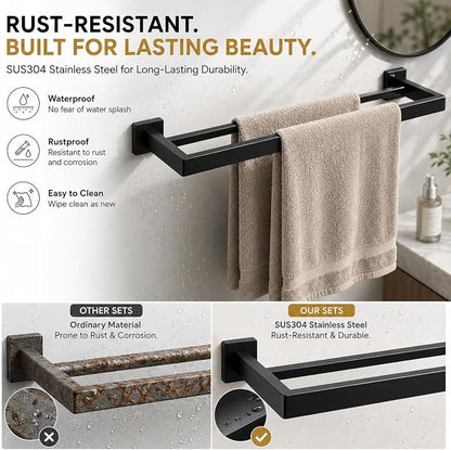 5-Piece Bathroom Hardware Set with 23.6" Double Towel Bar and Toilet Paper Holder Shelf, Wall Mounted Bathroom Accessories, Heavy Duty Stainless Steel Solid Metal, Modern Square Design, Matte Black
