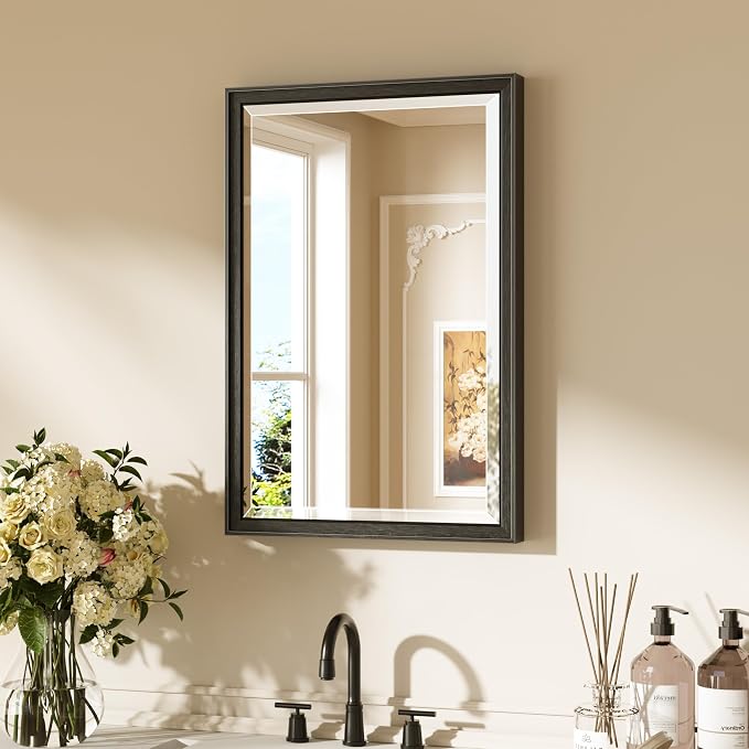 Keonjinn 16" x 24" Black Framed Mirror for Wall, Aluminum Alloy, Rust-Proof | HD Tempered Glass, Effortless French Cleat Installation, Transitional Style, Black Bathroom Mirror, Hallway, Entryway Decor