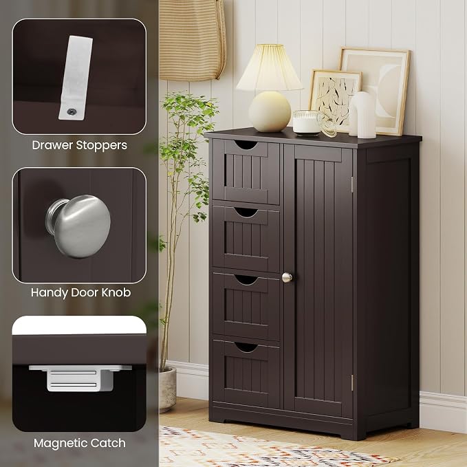 Giantex Bathroom Storage Cabinet with Drawers - 4 Drawer Storage Organizer w/Cupboard, Adjustable Shelf, Anti-Toppling Device, Entryway Storage Unit Console Table, Bathroom Floor Cabinet (Brown)