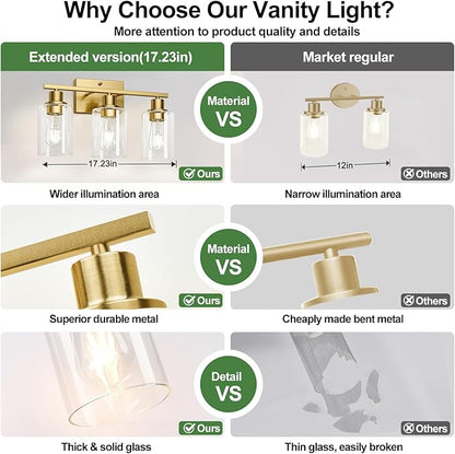3-Light Bathroom Light Fixtures, Vanity Light with Clear Glass Shades, Brushed Gold Bathroom Light Fixtures Over Mirror, Modern Bathroom Wall Lamp for Mirror Living Room Cabinet Bedroom