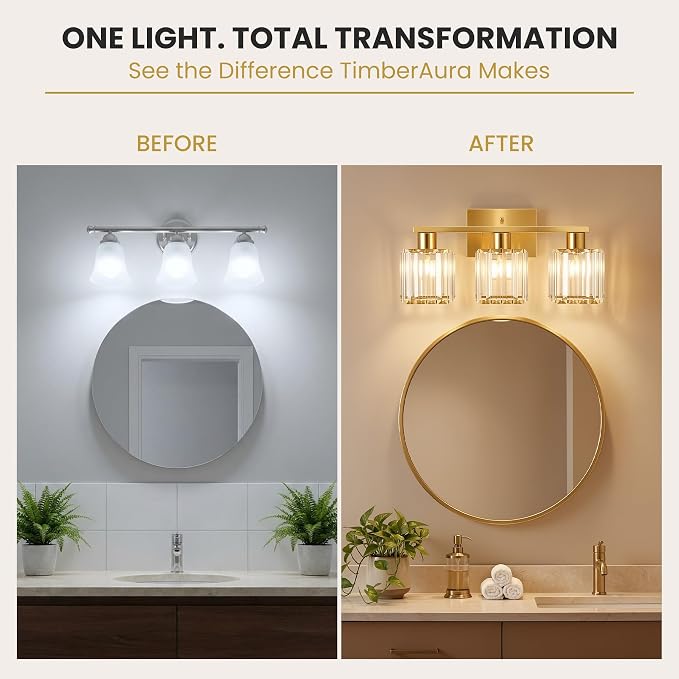 Crystal Bathroom Light Fixtures, 3-Light Brushed Gold, Vanity Lights for Bathroom Over Mirror, Modern Bath Wall Sconce for Mirror Bedroom Living Room