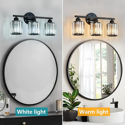 Modern 3-Light Crystal Vanity Light, High Gloss Black Bathroom Wall Light Fixtures Over Mirror for Dressing Table and Sink, Compatible with Dimmable Bulbs, Bulbs Not Included
