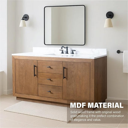 HOMEBEYOND 60" Bathroom Vanity with Single Sink & Ceramic Top, MDF Material Vanity Cabinet with Basin Combo, Soft-Closing Doors, Removable Shelf, Backsplash, Tan