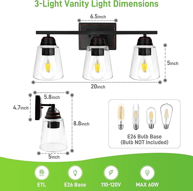 hykolity 3-Light Vanity Light Fixture, 5-Piece All-in-One Bathroom Set with Towel Bar, Ring, Robe Hook & Toilet Paper Holder for Bathroom Mirror Lighting, Oil Rubbed Bronze Wall Light with Glass Shade