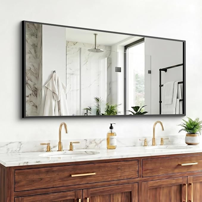 Bathroom Mirror for Wall, 55"x30" Black Vanity Mirror | Sturdy Rectangular Metal Frame, HD Tempered Glass, Hangs Horizontally or Vertically in Bedroom, Living Room, Entryway