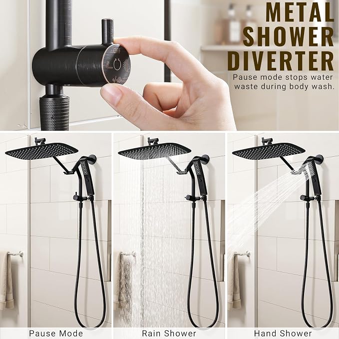 G-Promise 14 Inch Metal Rain Shower Head with Handheld (Oil Rubbed Bronze) | Suits Every Height, Pause Mode Diverter, Massage Mode Handheld, Full Body Coverage, Easy to Install, Modern Bath Upgrade