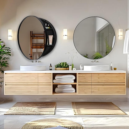 20 x 20 Inch Round Medicine Cabinet with Mirror, Surface Mount Only, Black Metal Frame Bathroom Mirror Cabinet, Modern Shatterproof Vanity Mirror with Storage