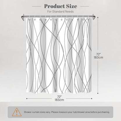 Striped Shower Curtain for Bathroom, Grey White, 72" W x 72" L | with Hooks, Modern Hotel Style, Water Repellent, Washable, Weighted Hem
