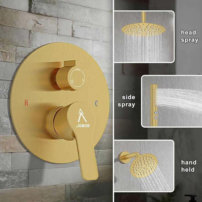 Shower System Shower Faucet Set Rainfall Shower Set with Valve 12+6" Dual Rain Shower Head with Handheld Ceiling Mount Wall Mount Shower Head Shower System, Brushed Gold