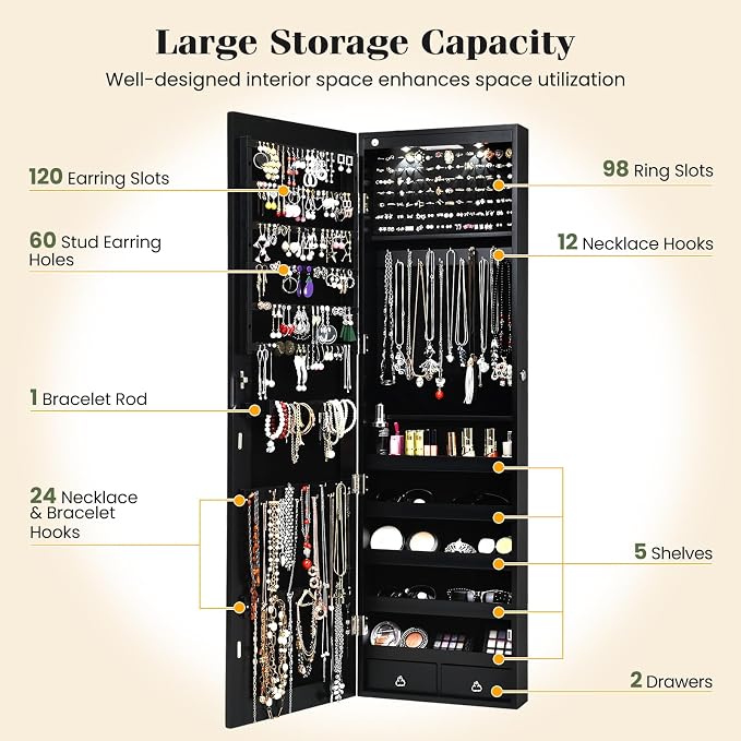 Giantex Wall Door Mounted Jewelry Armoire Cabinet with 47.5" H Full Length Mirror, 2 LEDs Lockable Jewelry Organizer Box with Bracelet Rod, 2 Drawers, Large Storage Capacity (Black)