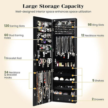 Giantex Wall Door Mounted Jewelry Armoire Cabinet with 47.5" H Full Length Mirror, 2 LEDs Lockable Jewelry Organizer Box with Bracelet Rod, 2 Drawers, Large Storage Capacity (Black)