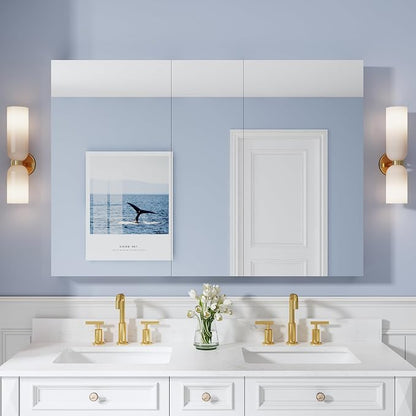52" x 36" Bathroom Medicine Cabinet with Mirror, Anodized Chrome Aluminum Frame, Surface Mount or Recessed Medicine Cabinet with Mirror, Bathroom Mirror with Storage, Three Doors