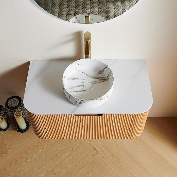 36" Bathroom Vanity with Sink, Plywood Cabinet, Nature Wood | Plywood Cabinet, Single Sink, Doubel Sink, Ceramic Basin & Marble Countertop, Pre-Assembled