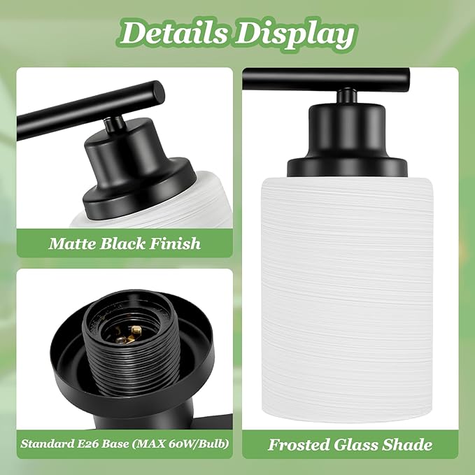 4-Light Bathroom Light Fixtures, Black Vanity Lights for Mirror with Textured Milky White Glass Shade, Modern Kitchen Light Fixtures Wall Sconce Light - E26 Base