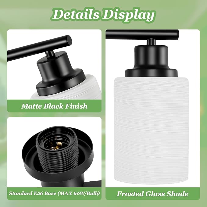 8-Light Vanity Lights, Black Bathroom Light Fixture with Striped Textured Milky White Glass Shade, Modern Vanity Lighting Fixture for Bathroom Wall Light Over Mirror, E26 Wall Sconce
