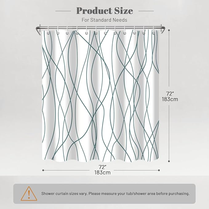 Striped Shower Curtain for Bathroom, Lake Blue, 72" W x 72" L | with Hooks, Modern Hotel Style, Water Repellent, Washable, Weighted Hem
