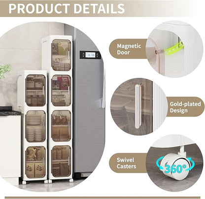 5 Tier Slim Bathroom Storage Cabinet, Foldable and Movable, White | Tools Free, ABS and PET, Magnetic Clear Door, Adjustable Shelves, Lockable Wheels, Water Resistant, For Narrow Space