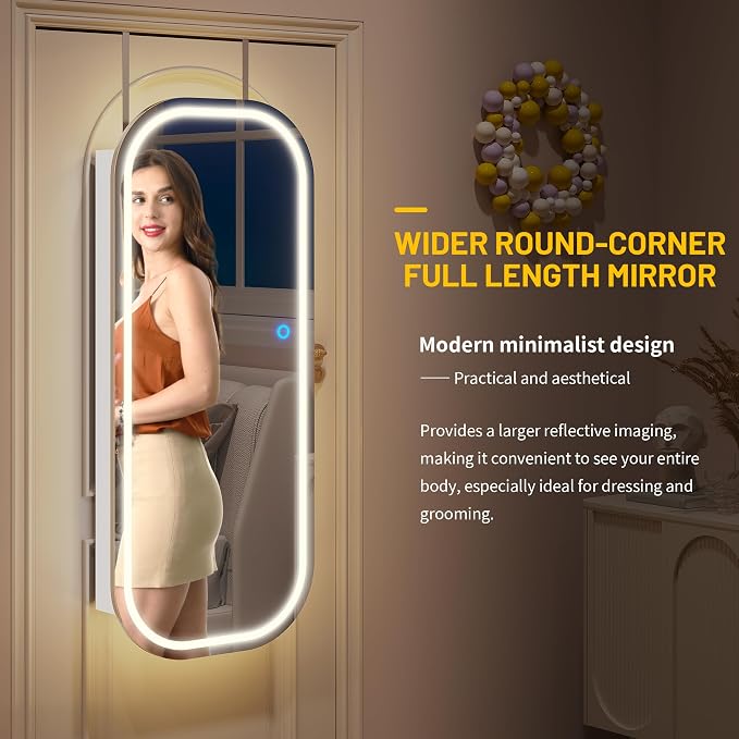 LVSOMT LED Mirror Jewelry Cabinet, Wall/Door Jewelry Organizer, 16"W, White | Lockable Jewelry Armoire with Full Length Mirror, 65 Ring and 108 Earring Slots, Foldable Shelf, Rounded Corner