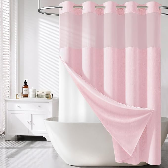 Pink Ringless Linen Textured Shower Curtain with Snap in Liner, 72x75 | 3 in 1 Hotel Shower Curtain Set, Removable Liner, Waterproof & Washable, Mesh Top Window, Durable Fabric, Easy to Install