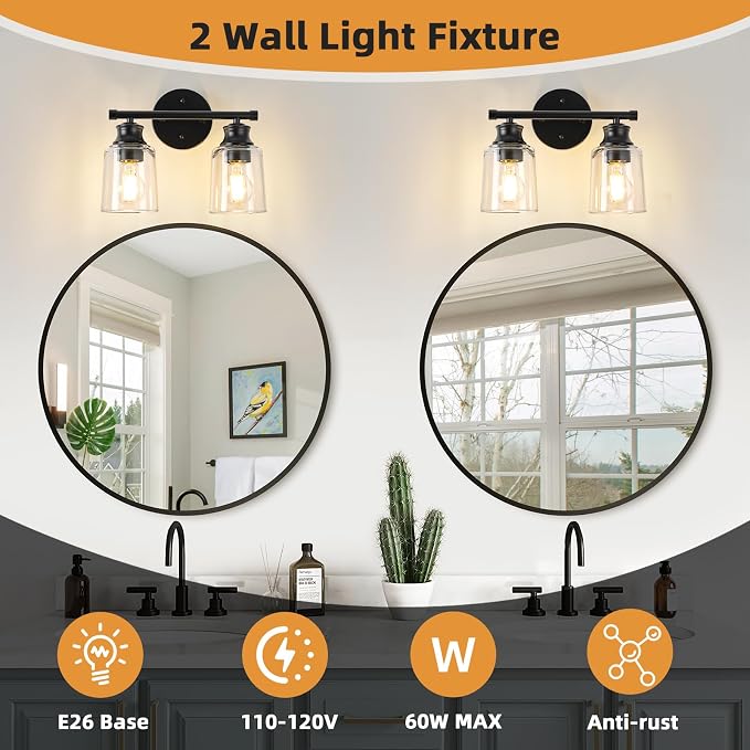 Bathroom Light Fixtures Over Mirror, 2 Lights Vanity Lights with Clear Glass Shade, 12.1" Matte Black Farmhouse Bathroom Wall Light Fixtures for Bedroom, Porch, Hotel, Mirror Cabinet