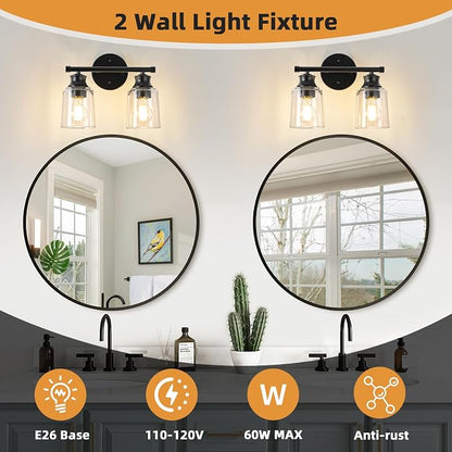 Bathroom Light Fixtures Over Mirror, 2 Lights Vanity Lights with Clear Glass Shade, 12.1" Matte Black Farmhouse Bathroom Wall Light Fixtures for Bedroom, Porch, Hotel, Mirror Cabinet