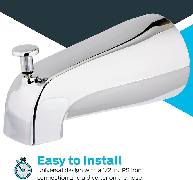 EZ-FLO 5-3/8 Inch Nose Diverter Tub Spout, 1/2 Inch IPS Connection, Chrome Finish, 15083