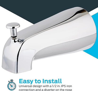 EZ-FLO 5-3/8 Inch Nose Diverter Tub Spout, 1/2 Inch IPS Connection, Chrome Finish, 15083