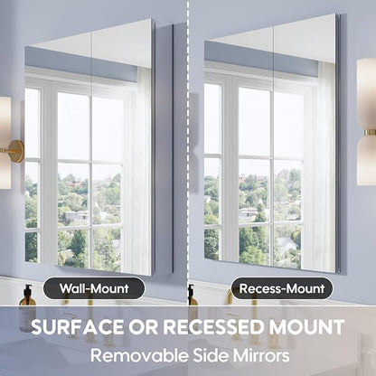 28" x 36" Bathroom Medicine Cabinet with Mirror, Anodized Chrome Aluminum Frame, Surface Mount or Recessed Medicine Cabinet with Mirror, Bathroom Mirror with Storage, Double Doors