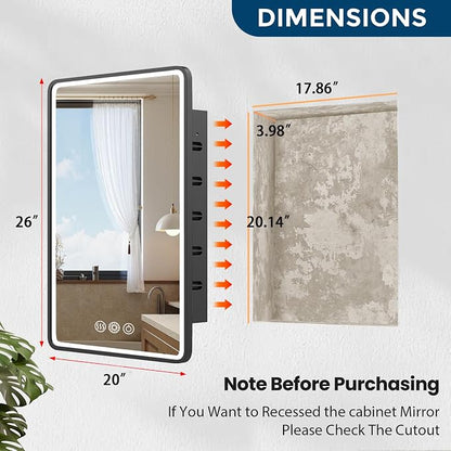 LED Medicine Cabinet with Mirror 20x26 inch, Lighted Cabinet Mirror for Bathroom Storage, Anti-Fog, 3 Colors Dimmable, Black Metal Frame with Adjustable Shelves, Wall Mount or Recessed