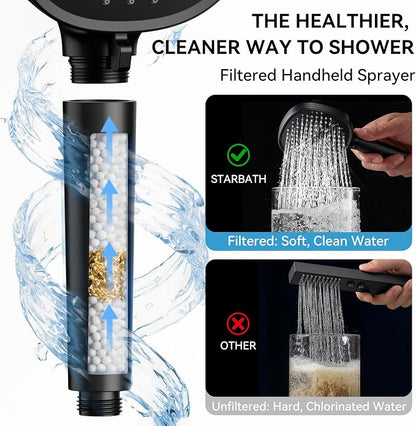 Shower System Matte Black Shower Faucet Sets, Dual Head Shower Set STARBATH 12'' +6'' Wall Mount Rainfall Shower Systems with Multifunctional Filtered Handheld Sprayer for Two Person