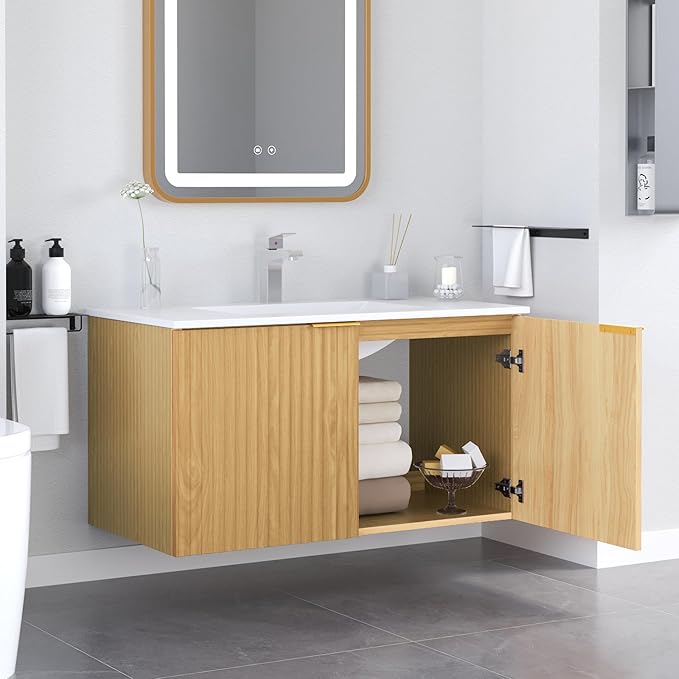 Modern Bathroom Vanity Without Sink, Floating Wall Mount Cabinet with Wavy Textured Doors, Waterproof Storage for Small Bathroom, Soft-Close Design, Nature Wood (Nature Without Sink, 36")