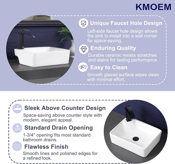 Vessel Sink 17.5"x13.2" Rectangular Bathroom Sink with Left Side Faucet Hole Modern White Porcelain Ceramic Above Counter Vanity Sink for Bathrooms Art Basin with Faucet Hole