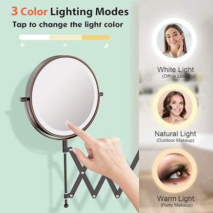 Rechargeable Wall Mounted Makeup Mirror - 8 Inch Double Sided 30X/5X Magnifying Mirror with 3 Color Lights Dimmable Touch Screen, 360°Swivel 19.6 Inch Extendable Accordion Bathroom Mirror